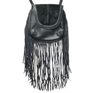 Isabella Fiore Black Leather Crossbody Handbag with Fringe Details